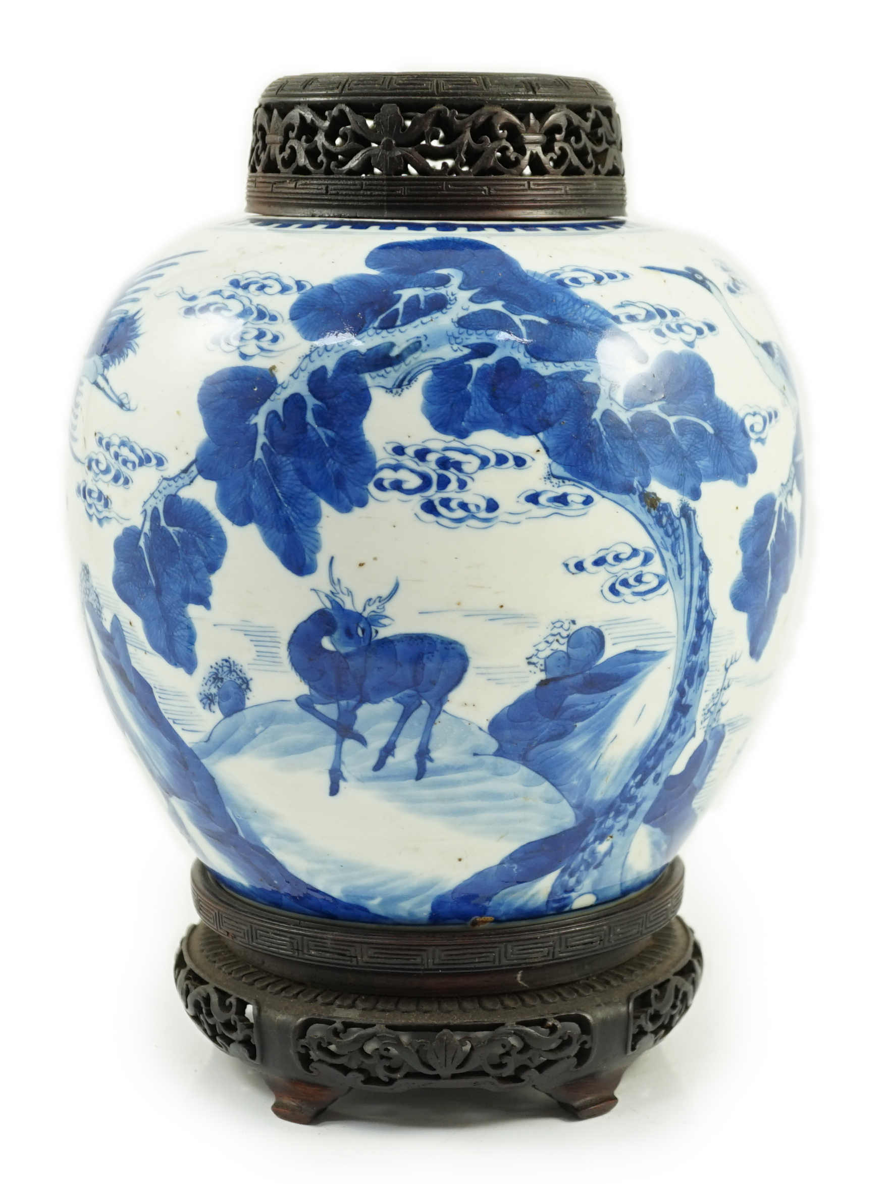 A Chinese blue and white ‘deer and crane’ ovoid jar, Kangxi period